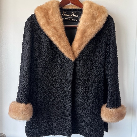 American Vintage Jackets & Blazers - Vintage Black Faux Persian Lamb Coat with Tan Faux Fur Trim